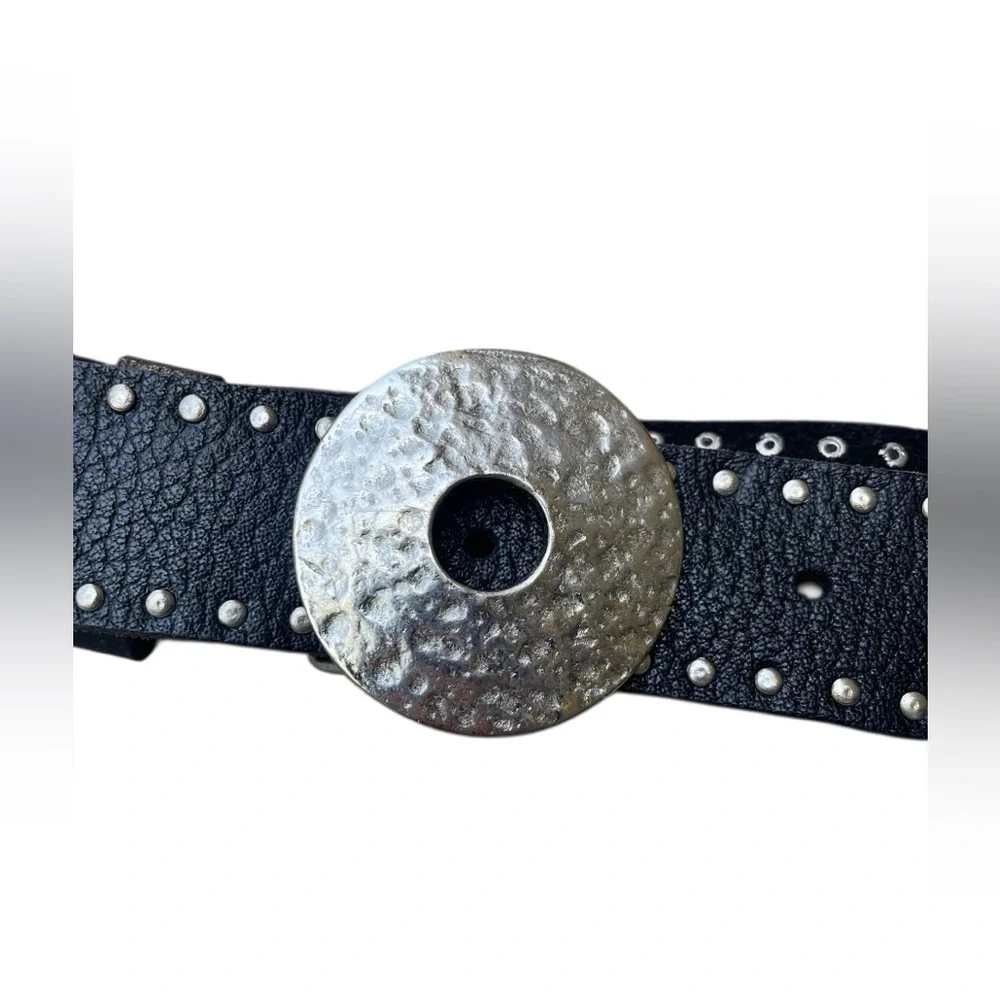 VTG ARTISAN CRAFTED Black Leather Hammered Wheel Double Rivet Leather Belt 32-36 - Picture 4 of 10